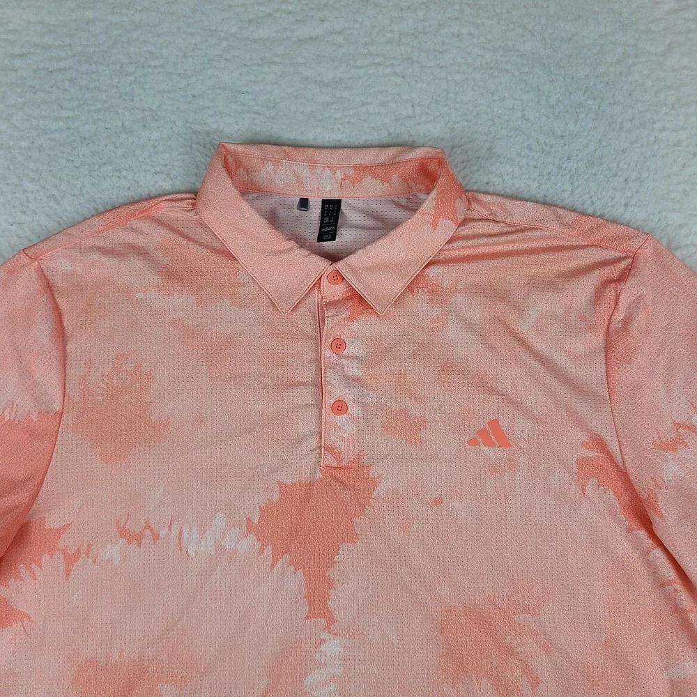 Adidas Polo Shirt Mens XL Orange Floral Breathable Performance Golf Short Sleeve